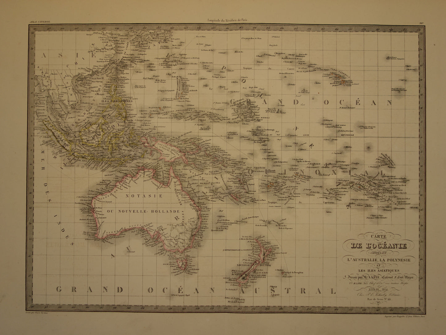 OCEANIË grote oude landkaart van Australië Nieuw-Zeeland uit 1851 - Antieke kaart Indonesië - Originele vintage kaarten