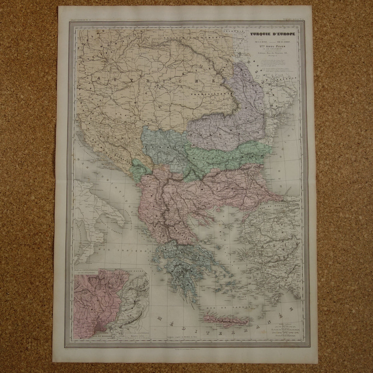 Antike Balkankarte des griechischen und türkischen Reiches von 1880 – Große alte Karte von Rumänien, Bulgarien, Serbien, Bosnien und Montenegro