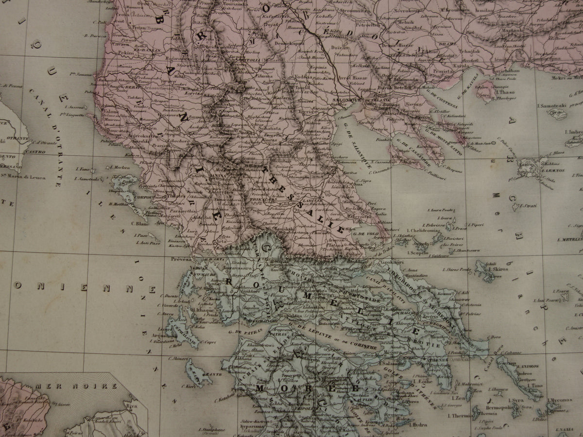 Antike Balkankarte des griechischen und türkischen Reiches von 1880 – Große alte Karte von Rumänien, Bulgarien, Serbien, Bosnien und Montenegro