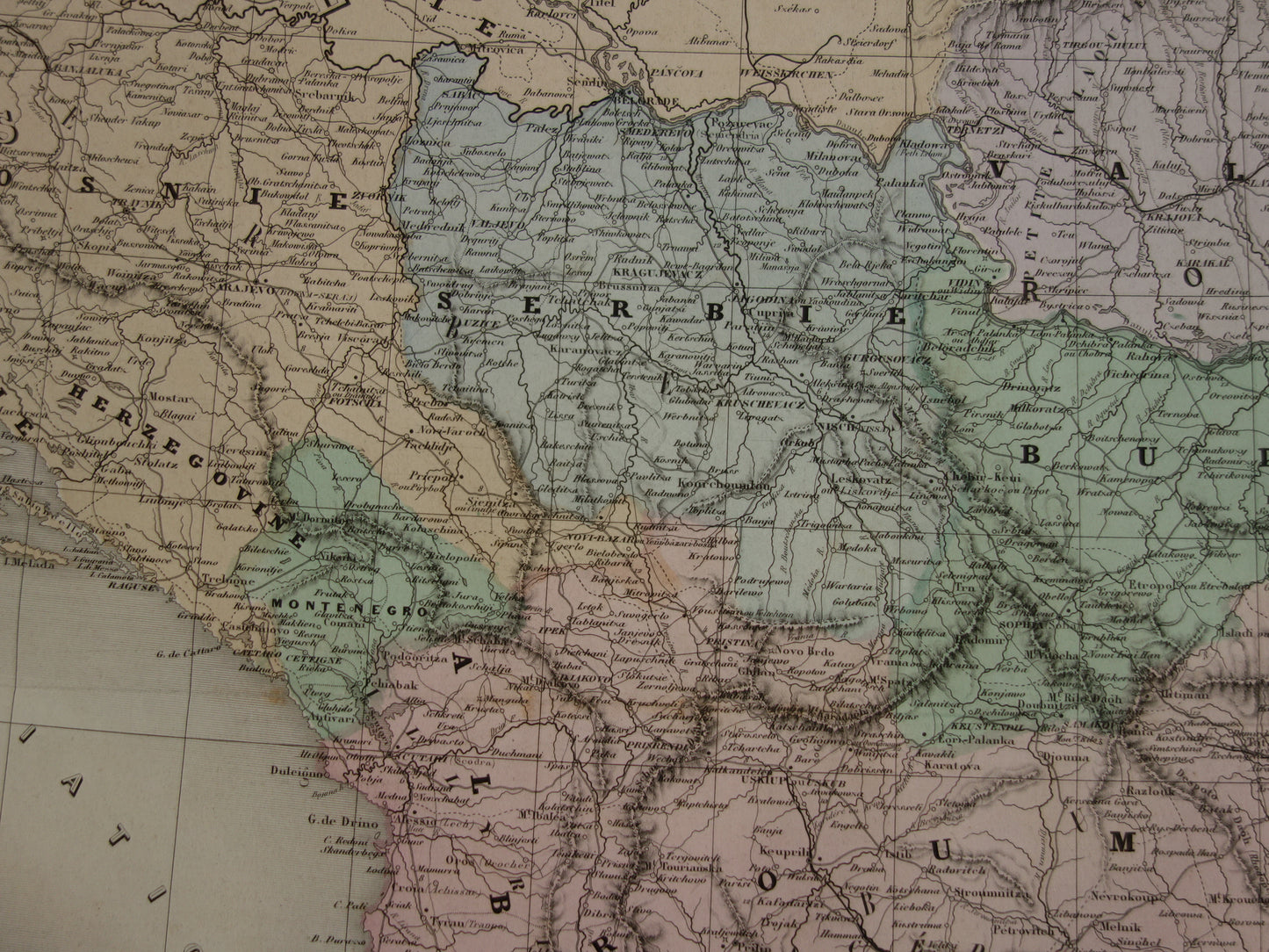 Antike Balkankarte des griechischen und türkischen Reiches von 1880 – Große alte Karte von Rumänien, Bulgarien, Serbien, Bosnien und Montenegro