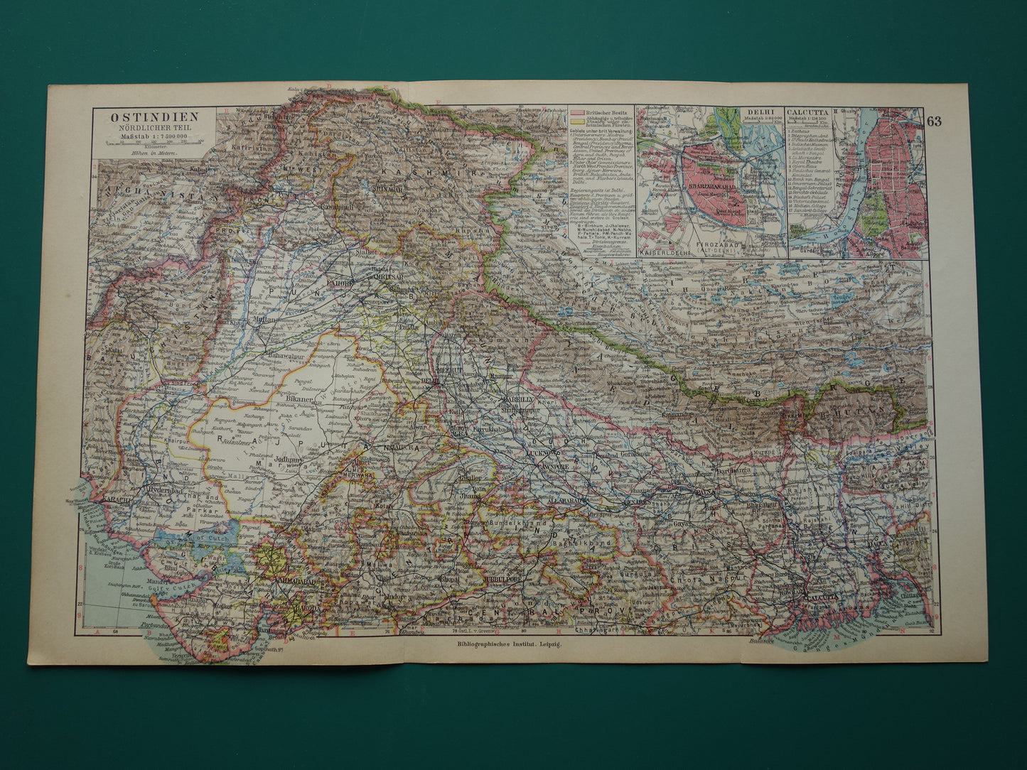 INDIA oude landkaart van noord-India Delhi Calcutta Kolkata Nepal Kashmir 1928 originele vintage kaart