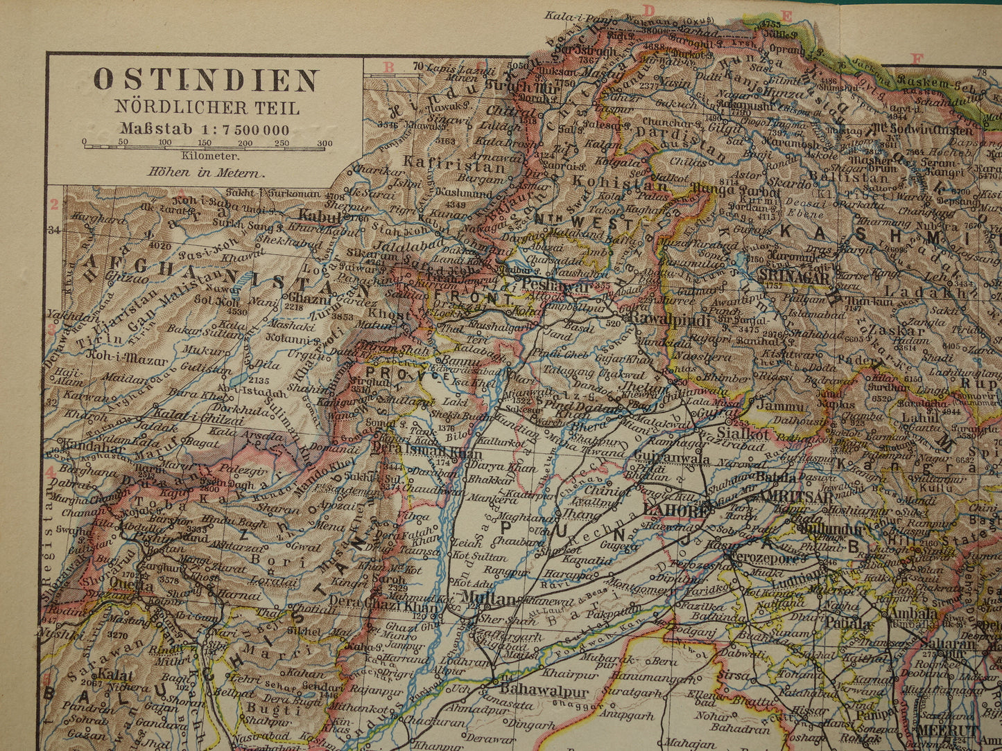 INDIA oude landkaart van noord-India Delhi Calcutta Kolkata Nepal Kashmir 1928 originele vintage kaart