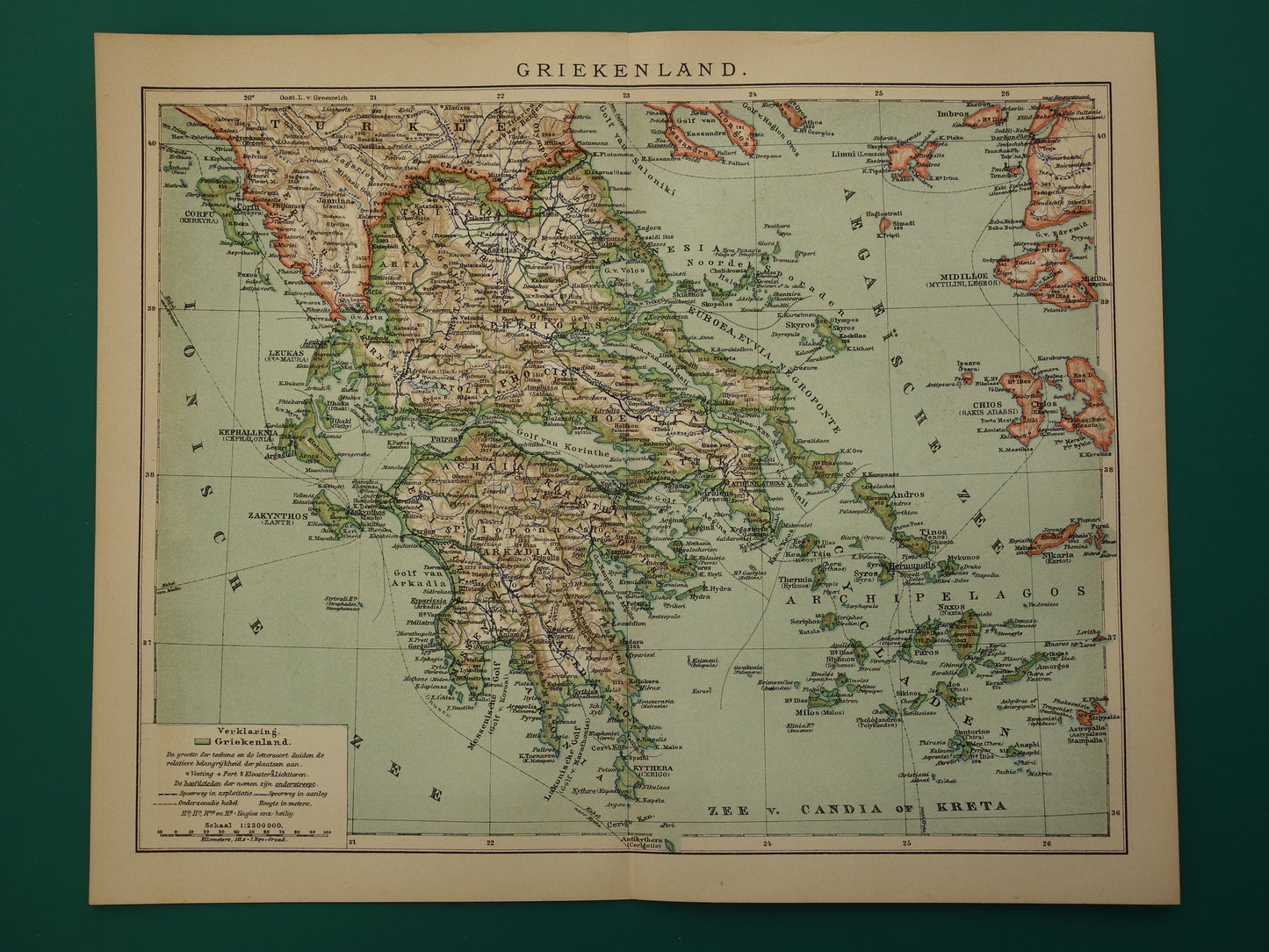 Oude landkaart van GRIEKENLAND uit 1908 Originele antieke Nederlandse landkaart