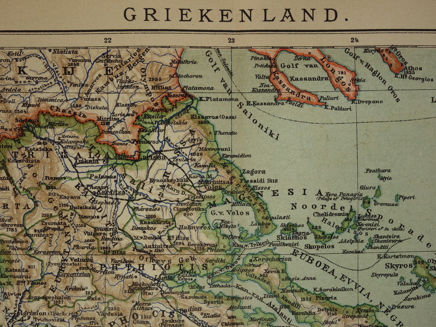 Oude landkaart van GRIEKENLAND uit 1908 Originele antieke Nederlandse landkaart