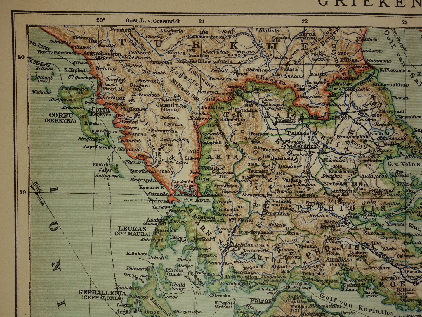 Oude landkaart van GRIEKENLAND uit 1908 Originele antieke Nederlandse landkaart