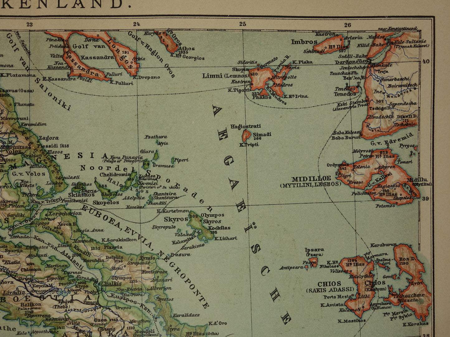 Oude landkaart van GRIEKENLAND uit 1908 Originele antieke Nederlandse landkaart