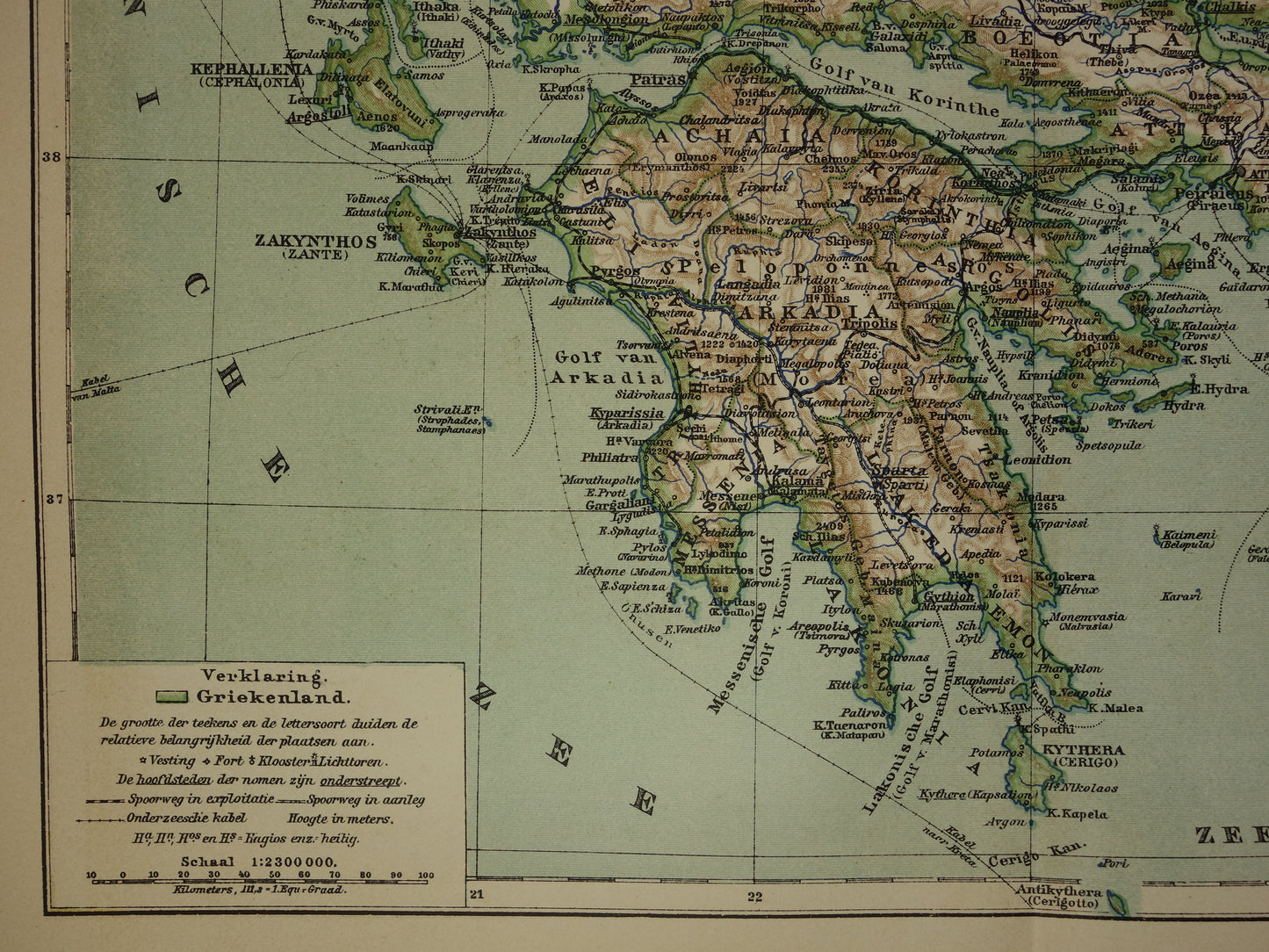 Oude landkaart van GRIEKENLAND uit 1908 Originele antieke Nederlandse landkaart