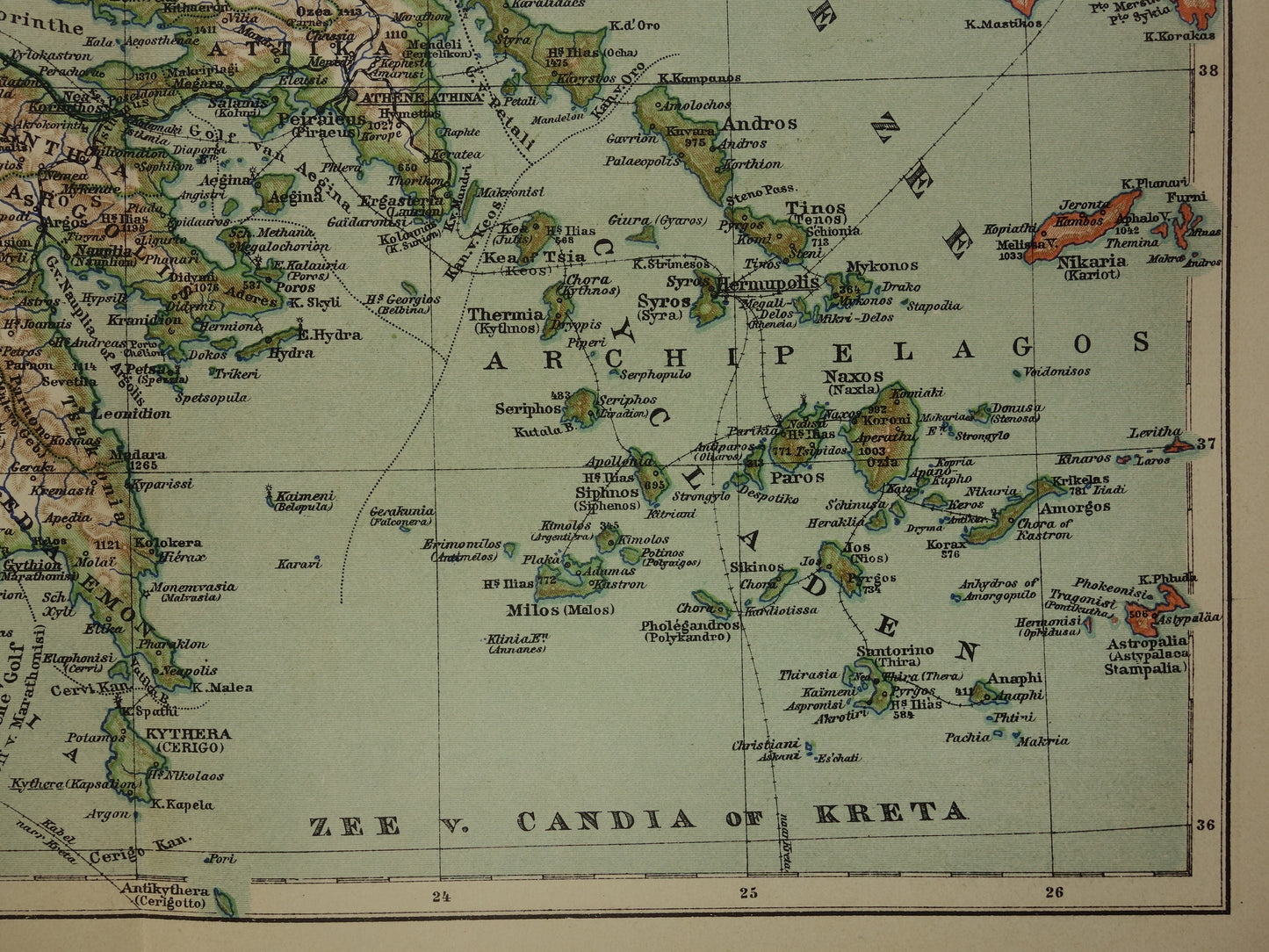 Oude landkaart van GRIEKENLAND uit 1908 Originele antieke Nederlandse landkaart