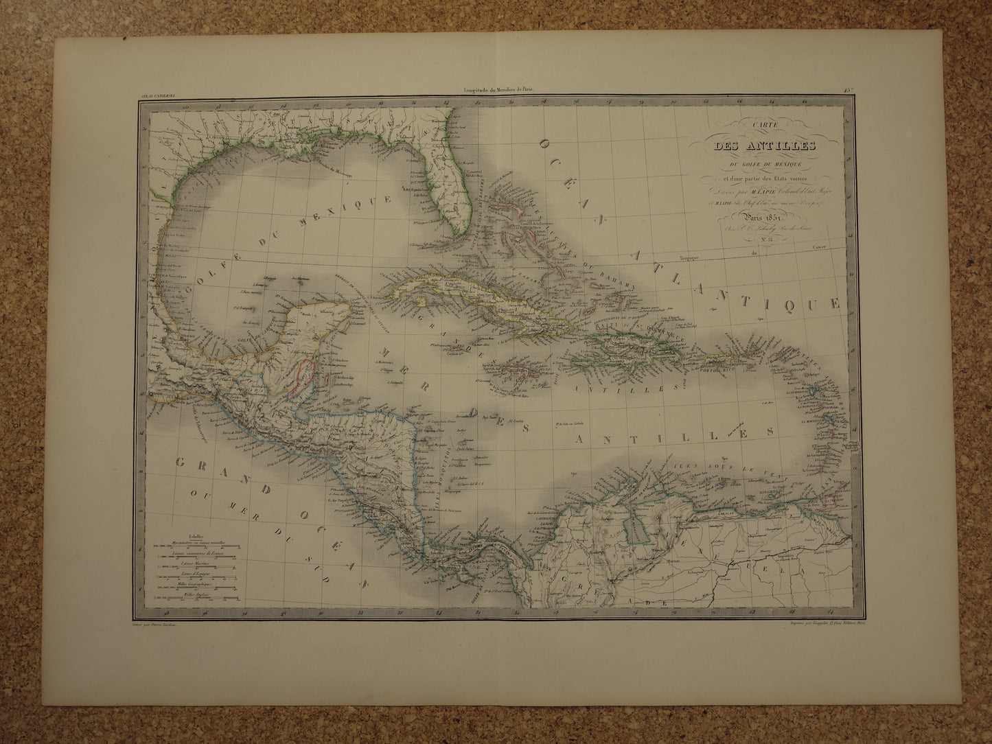 Antieke kaart van ANTILLEN 170+ jaar oude Franse handgekleurde landkaart de Caraïben Curaçao Aruba Cuba Haïti Puerto Rico 1851