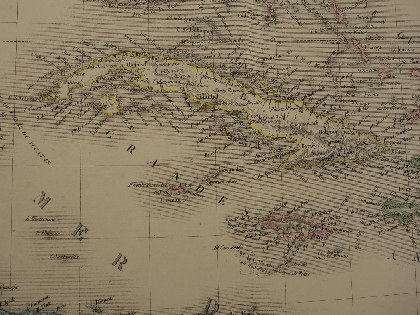 Antieke kaart van ANTILLEN 170+ jaar oude Franse handgekleurde landkaart de Caraïben Curaçao Aruba Cuba Haïti Puerto Rico 1851