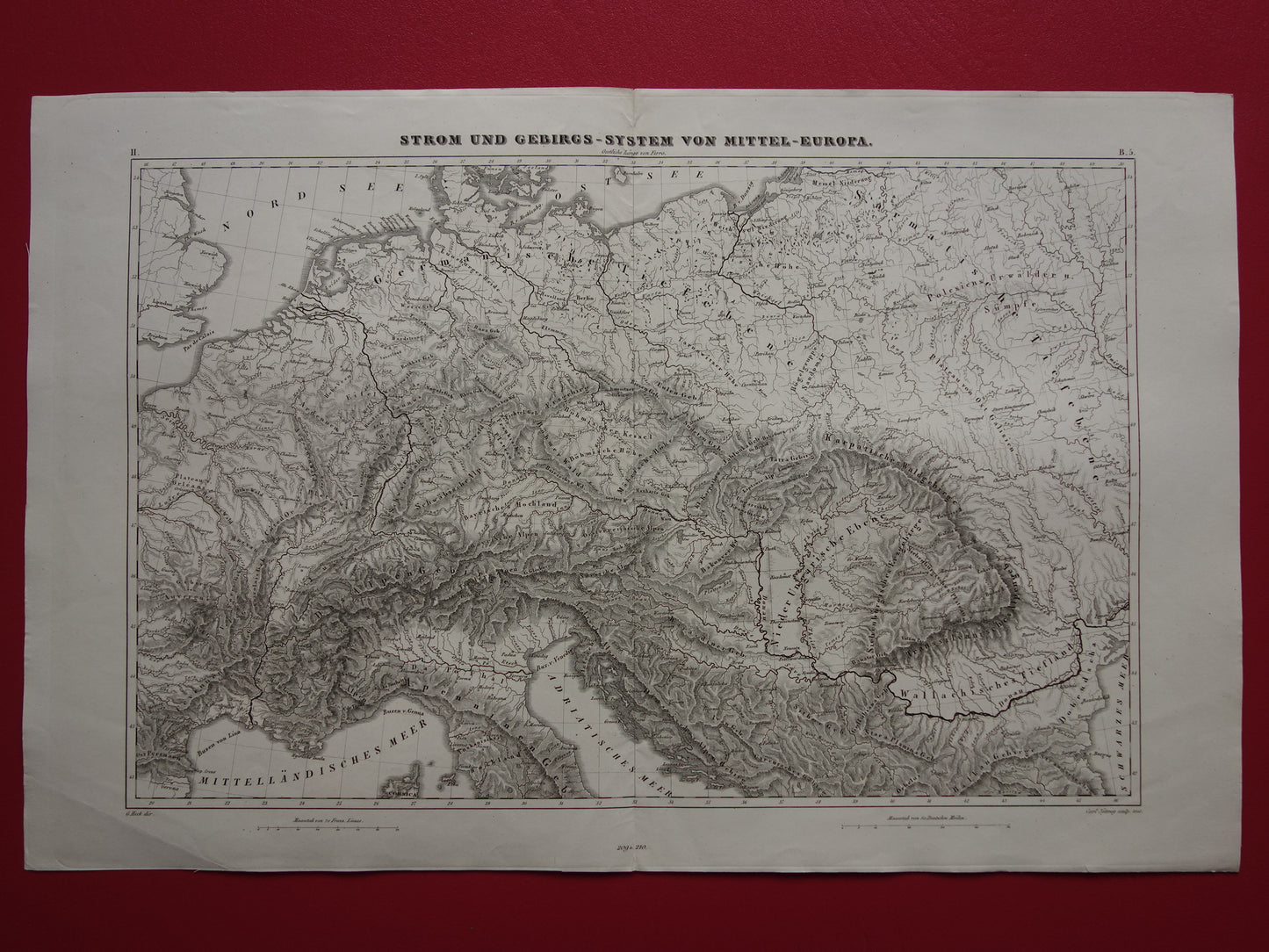 MIDDEN-EUROPA oude landkaart van rivieren en gebergten uit 1849 originele vintage historische kaarten Duitsland Oostenrijk Zwitserland Alpen bergen hoogtekaart