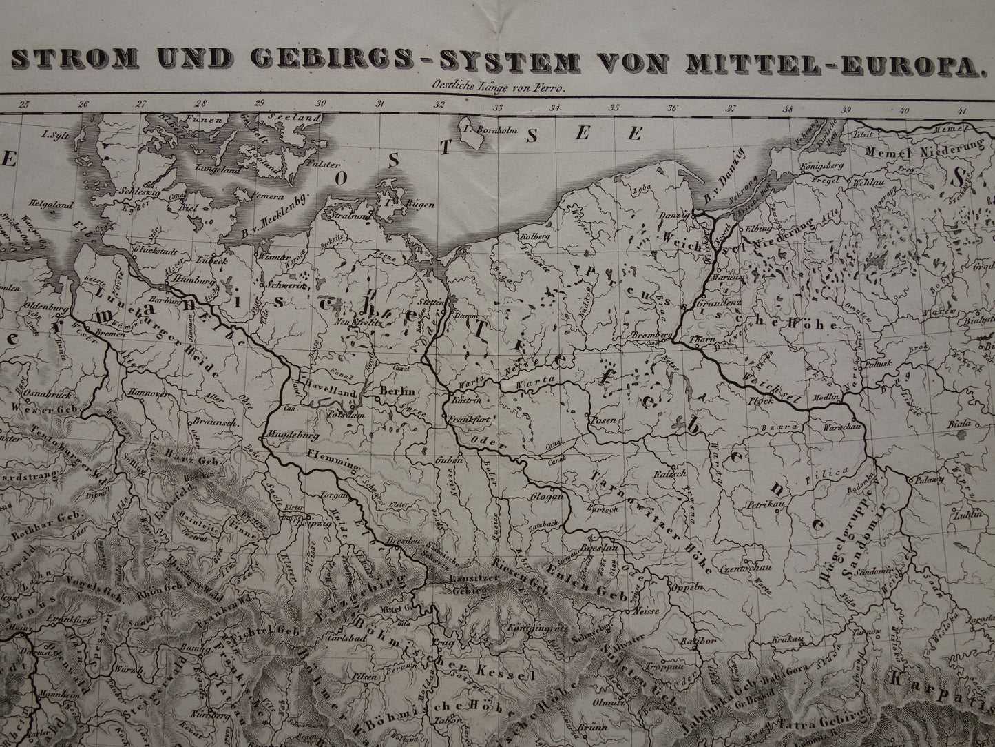 MIDDEN-EUROPA oude landkaart van rivieren en gebergten uit 1849 originele vintage historische kaarten Duitsland Oostenrijk Zwitserland Alpen bergen hoogtekaart