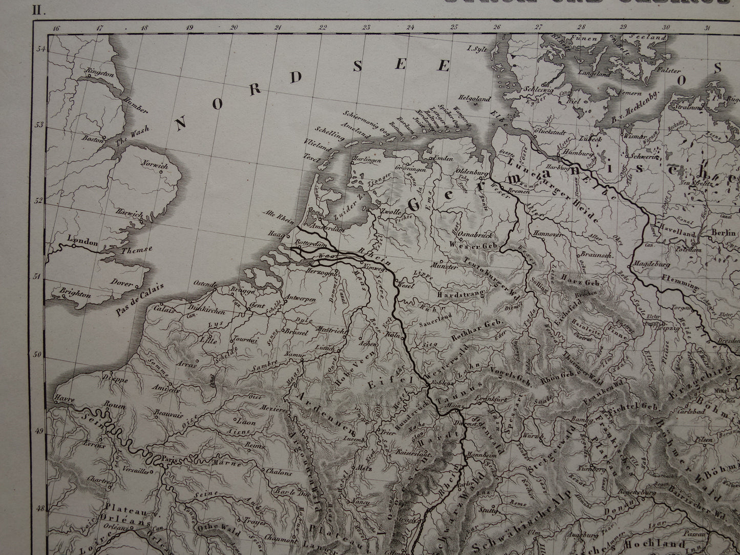 MIDDEN-EUROPA oude landkaart van rivieren en gebergten uit 1849 originele vintage historische kaarten Duitsland Oostenrijk Zwitserland Alpen bergen hoogtekaart