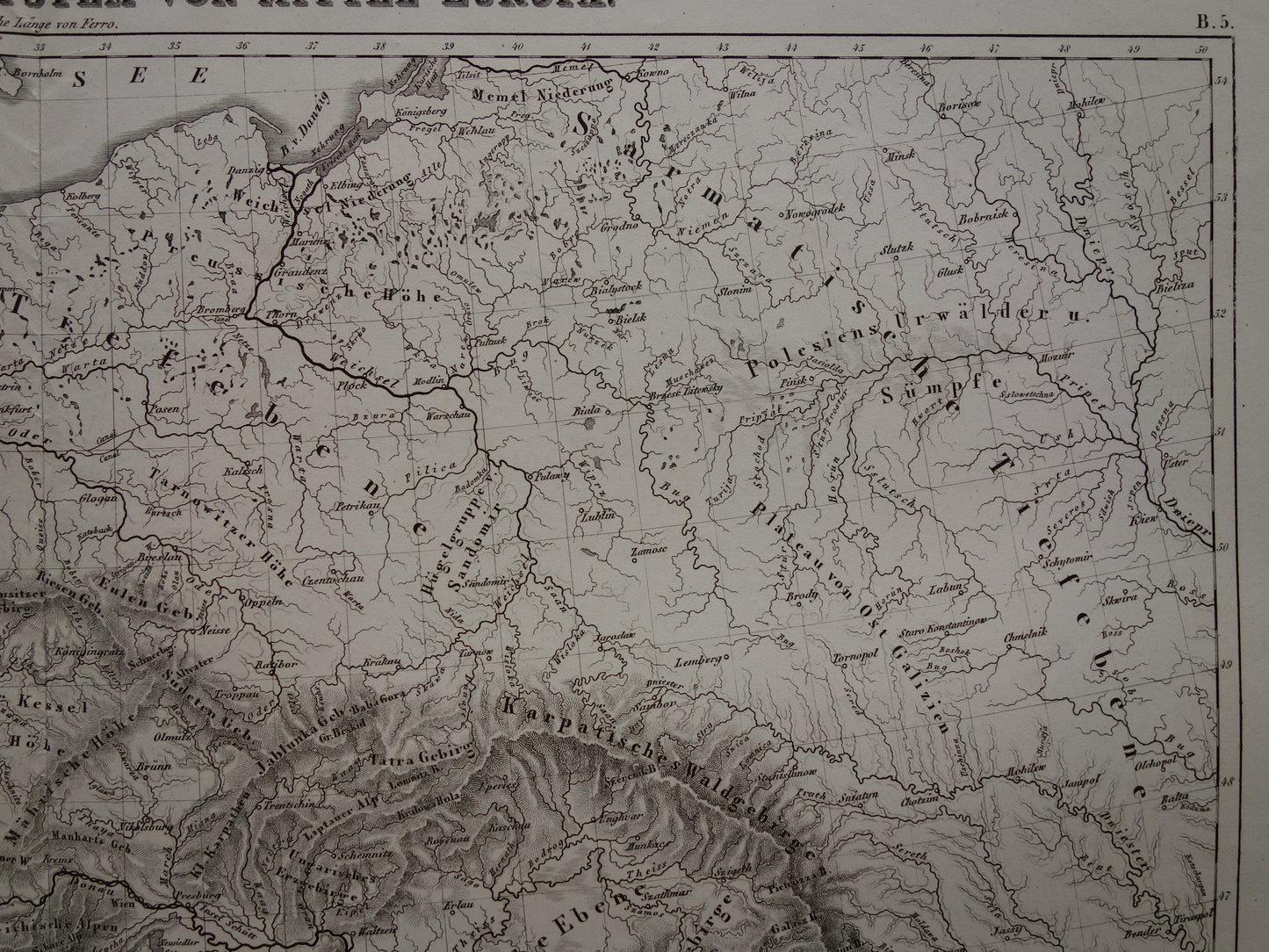 MIDDEN-EUROPA oude landkaart van rivieren en gebergten uit 1849 originele vintage historische kaarten Duitsland Oostenrijk Zwitserland Alpen bergen hoogtekaart