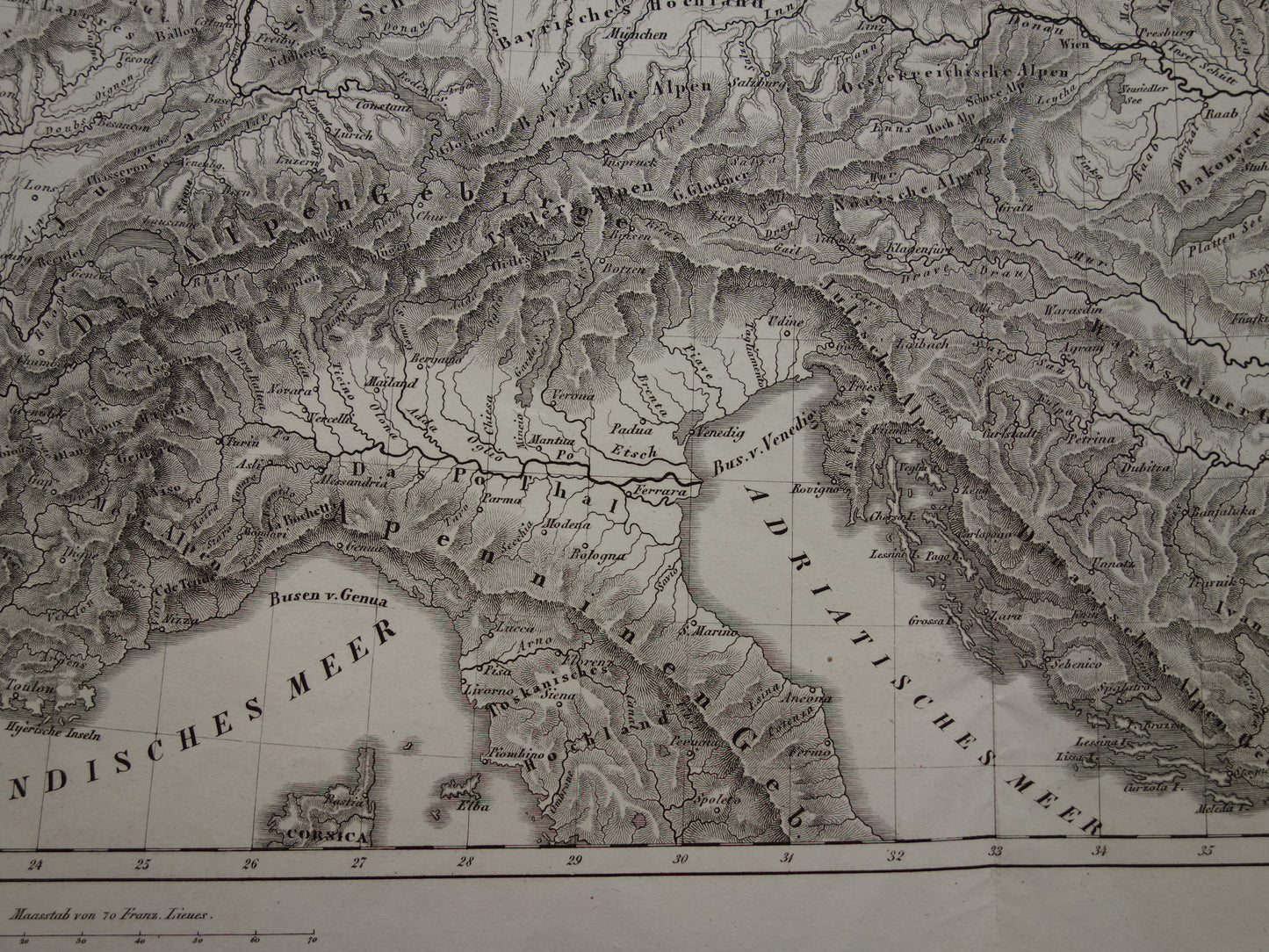 MIDDEN-EUROPA oude landkaart van rivieren en gebergten uit 1849 originele vintage historische kaarten Duitsland Oostenrijk Zwitserland Alpen bergen hoogtekaart