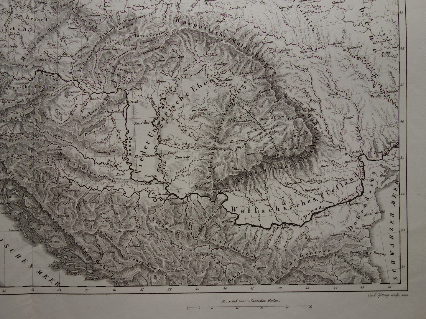 MIDDEN-EUROPA oude landkaart van rivieren en gebergten uit 1849 originele vintage historische kaarten Duitsland Oostenrijk Zwitserland Alpen bergen hoogtekaart