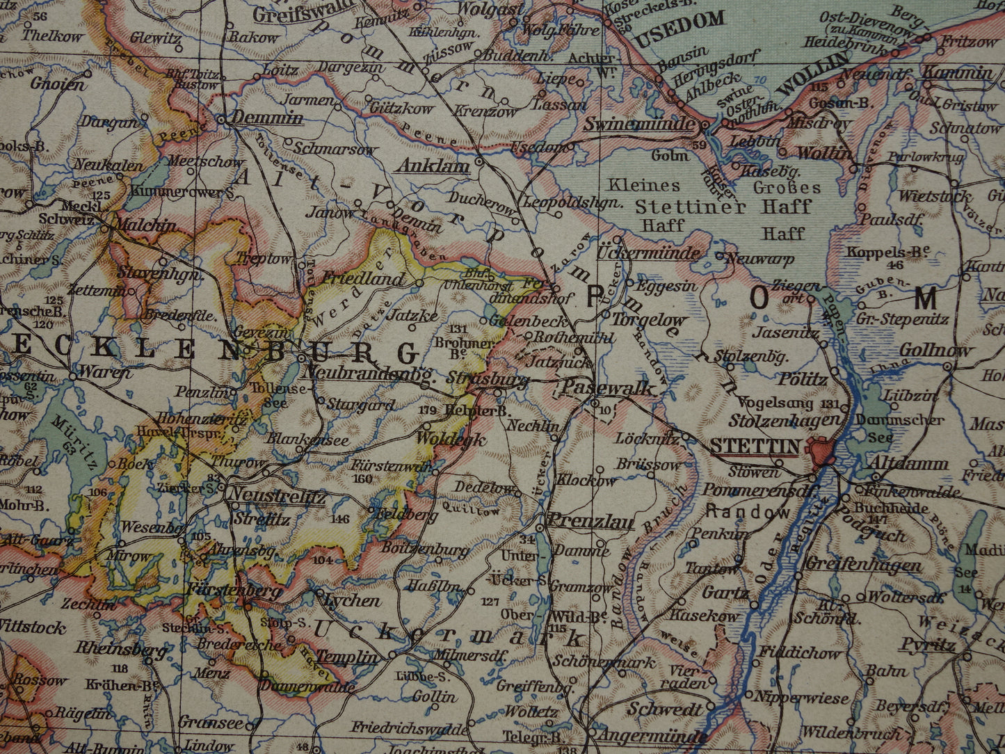 DUITSLAND en POLEN oude landkaart van Stettin Berlijn Szczecin 1928 originele vintage kaart Brandenburg en Pommeren