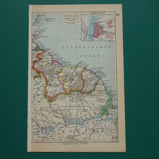 Suriname Guyana oude kaart uit 1928 originele vintage landkaart Frans-Guyana klein formaat kaarten