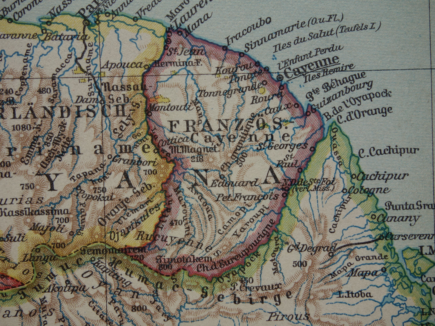 Suriname Guyana oude kaart uit 1931 originele vintage landkaart Frans-Guyana klein formaat kaarten