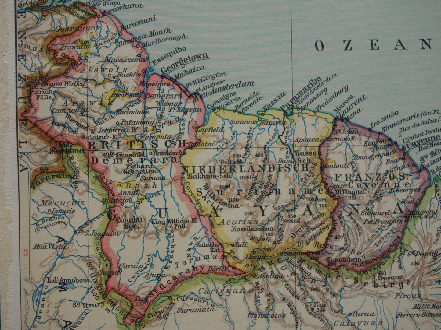 Suriname Guyana oude kaart uit 1931 originele vintage landkaart Frans-Guyana klein formaat kaarten