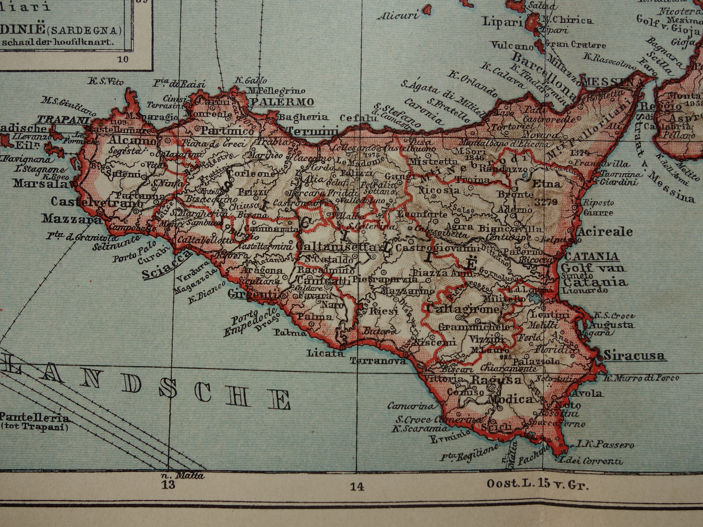 ITALIE oude gedetailleerde kaart van Zuid-Italië uit 1908 originele vintage landkaart Sicilië Sardinië Palermo Messina