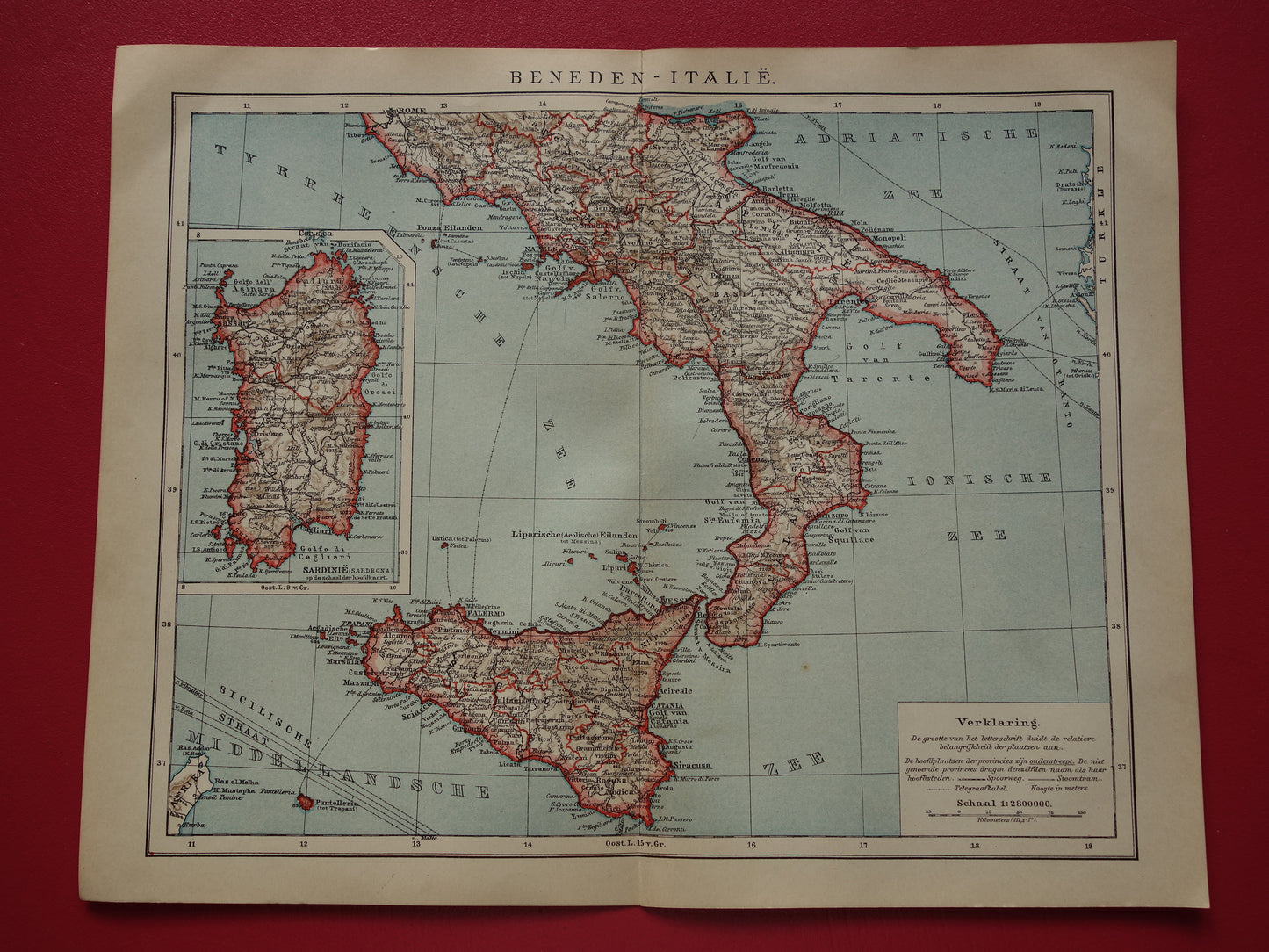 ITALIE oude gedetailleerde kaart van Zuid-Italië uit 1908 originele vintage landkaart Sicilië Sardinië Palermo Messina