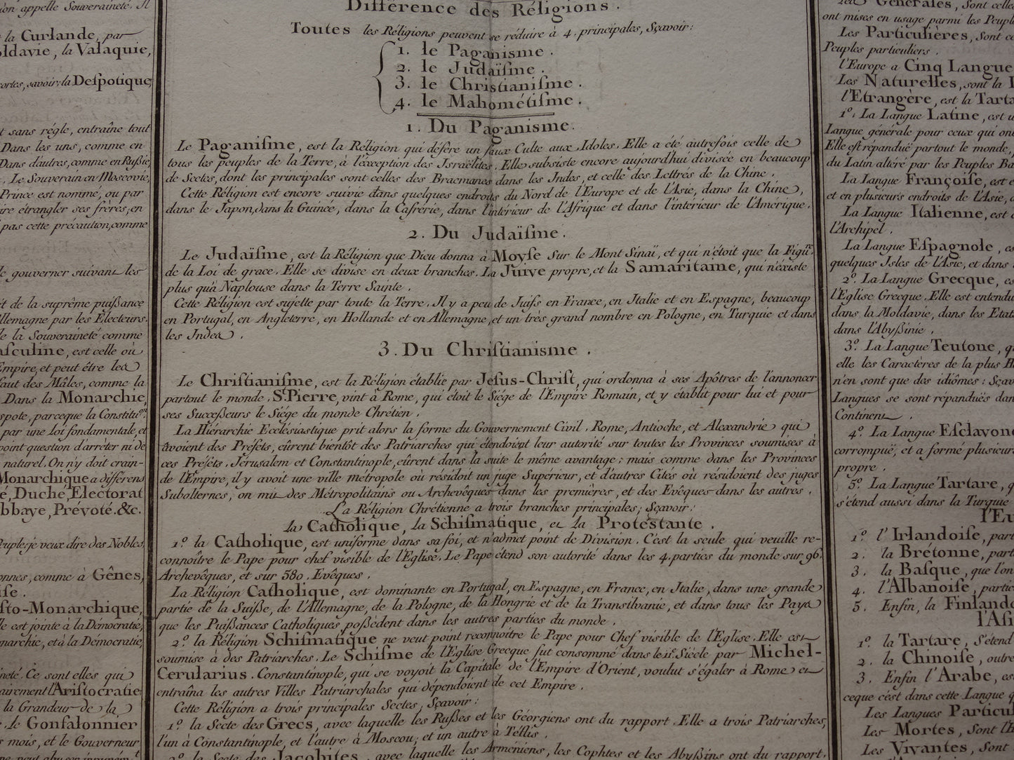 AARDRIJKSKUNDE Set van twee oude Franse prenten over afmeting Aarde Religies Staatsvormen Talen - Originele 260+ jaar oude bij elkaar passende prints