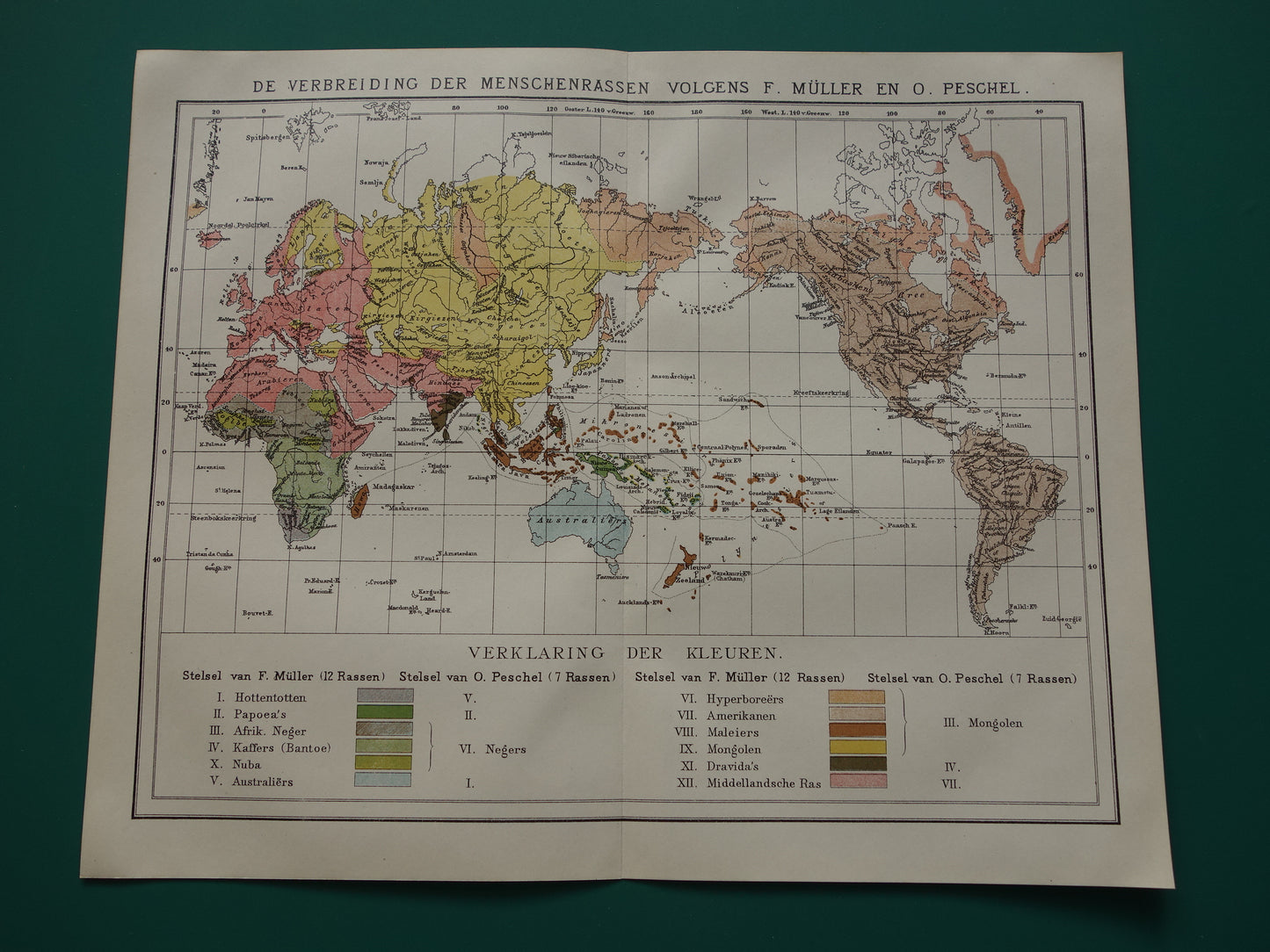 Etnografie Wereldkaart uit 1920 - Originele antieke etnografische kaart van de Wereld - Antieke print Antropologie Volkenkunde Etnologie Menselijke Rassen