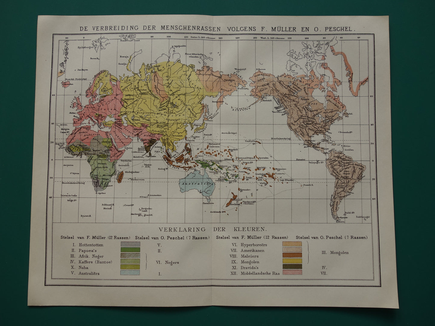Etnografie Wereldkaart uit 1920 - Originele antieke etnografische kaart van de Wereld - Antieke print Antropologie Volkenkunde Etnologie Menselijke Rassen