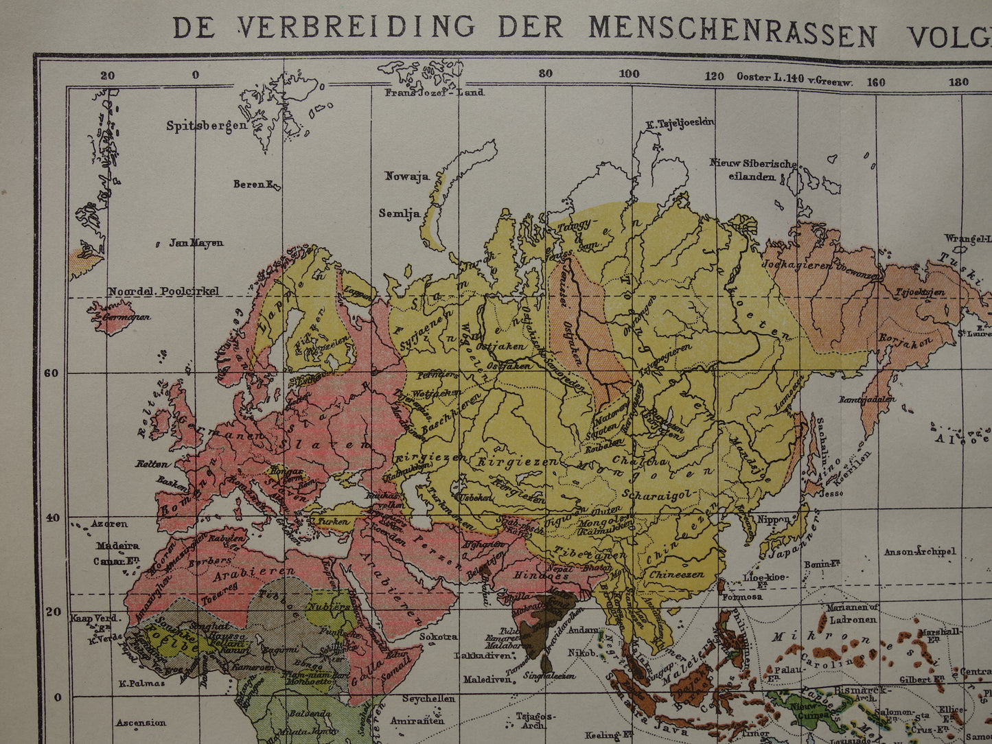 Etnografie Wereldkaart uit 1920 - Originele antieke etnografische kaart van de Wereld - Antieke print Antropologie Volkenkunde Etnologie Menselijke Rassen