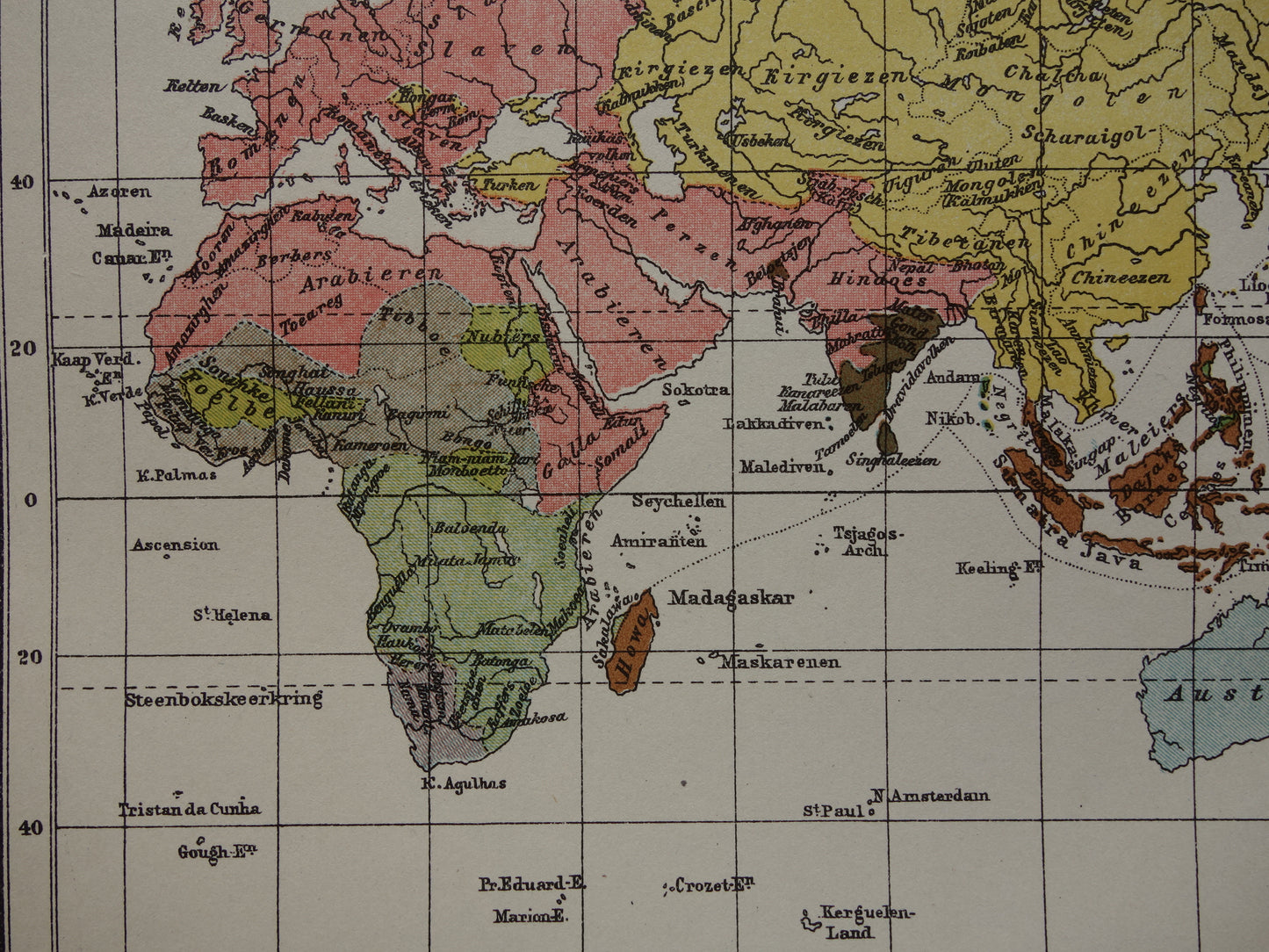 Etnografie Wereldkaart uit 1920 - Originele antieke etnografische kaart van de Wereld - Antieke print Antropologie Volkenkunde Etnologie Menselijke Rassen