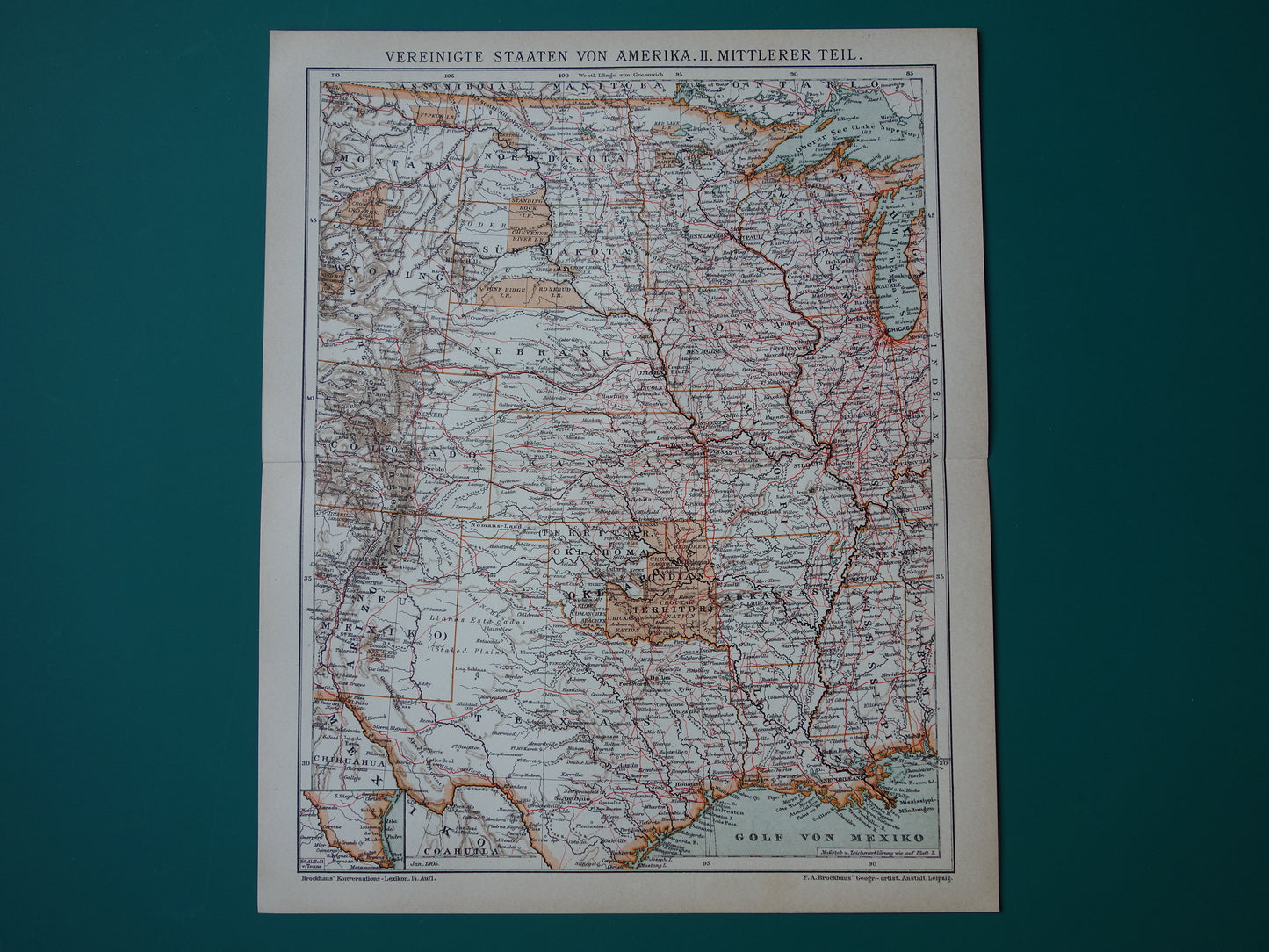 Verenigde Staten antieke kaart uit 1905 van midden VS - originele oude print van Amerika gedetailleerde vintage kaarten Texas Iowa