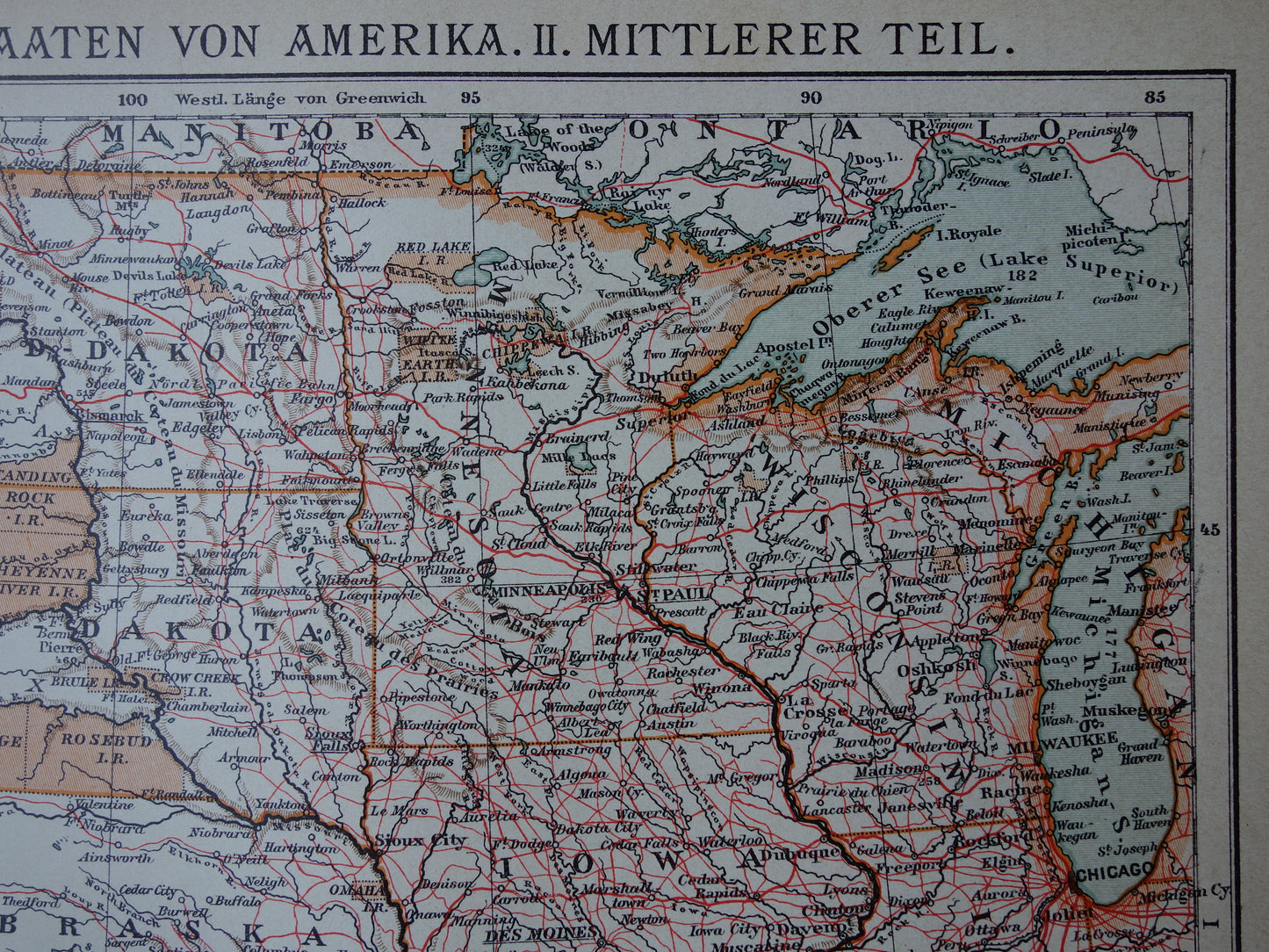 Verenigde Staten antieke kaart uit 1905 van midden VS - originele oude print van Amerika gedetailleerde vintage kaarten Texas Iowa