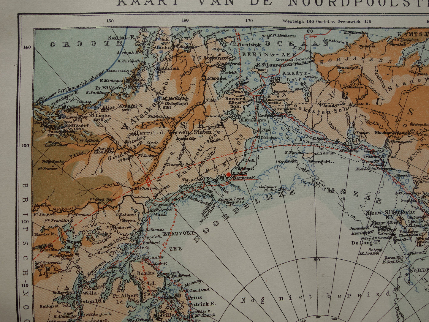 Oude kaart van de Noordpool 1920 originele antieke Nederlandse landkaart Groenland Spitsbergen