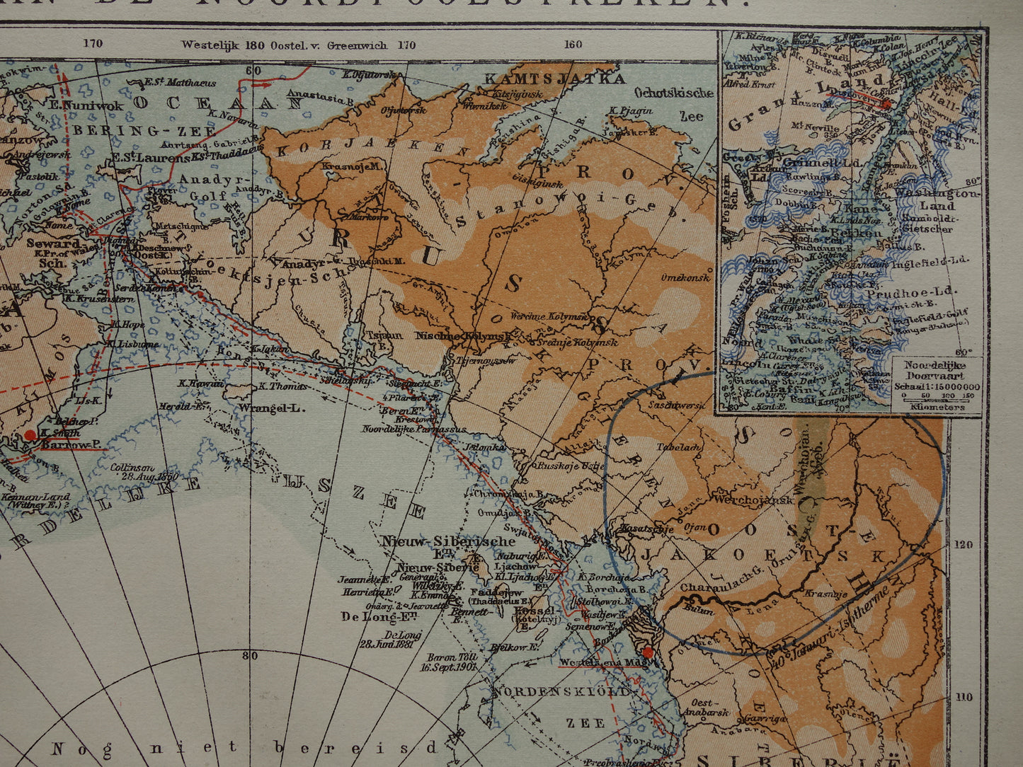 Oude kaart van de Noordpool 1920 originele antieke Nederlandse landkaart Groenland Spitsbergen