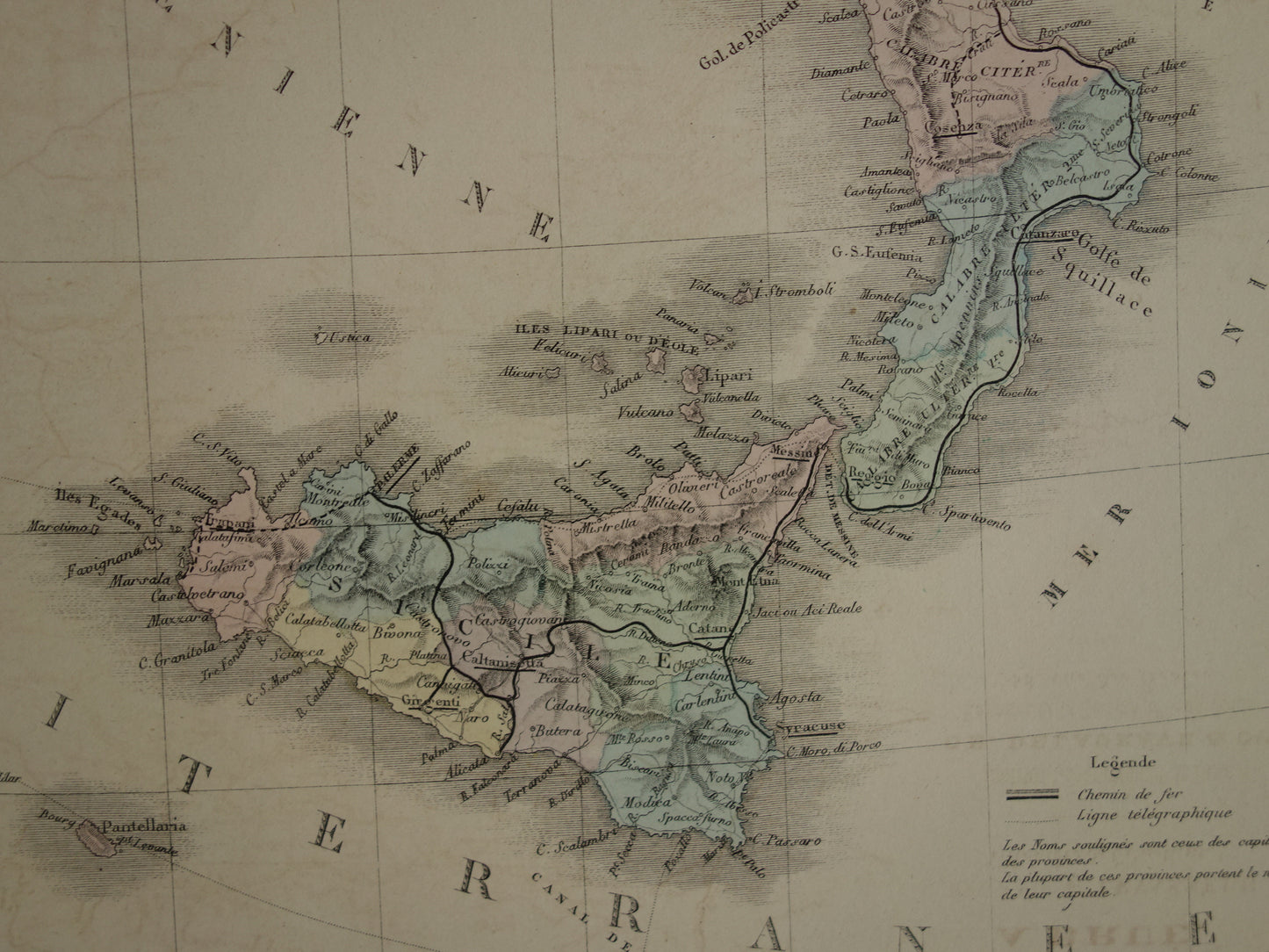 ITALIE grote oude Franse kaart van Italië uit 1876 originele antieke handgekleurde landkaart poster