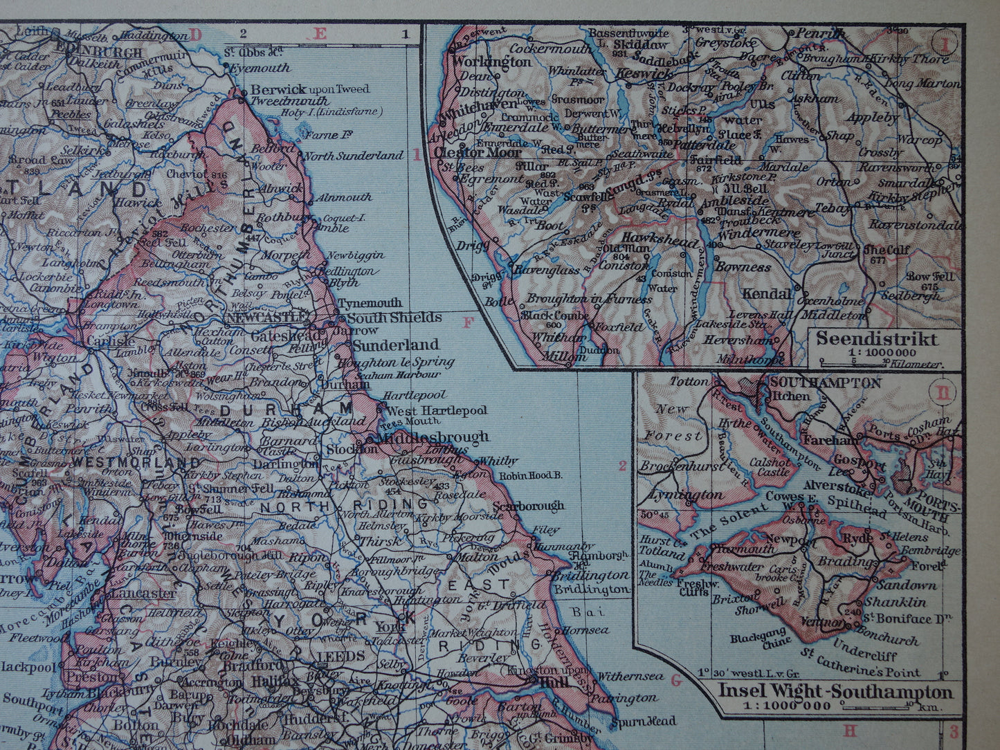 Engeland en Wales oude landkaart uit 1928 originele vintage landkaart van Engeland - gedetailleerde Duitse kaarten