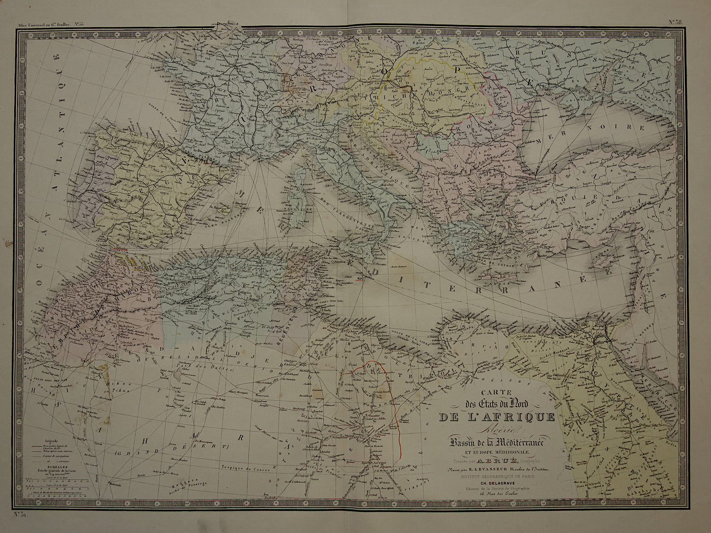 MIDDELLANDSE ZEE Grote oude kaart van Middellandse Zee regio uit 1876 originele antieke handgekleurde landkaart poster