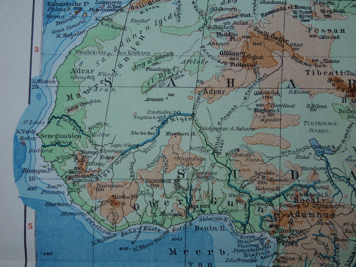 Oude hoogtekaart van Afrika uit 1931 originele vintage landkaart fysieke kaart van Afrika continent - oude Duitse kaarten