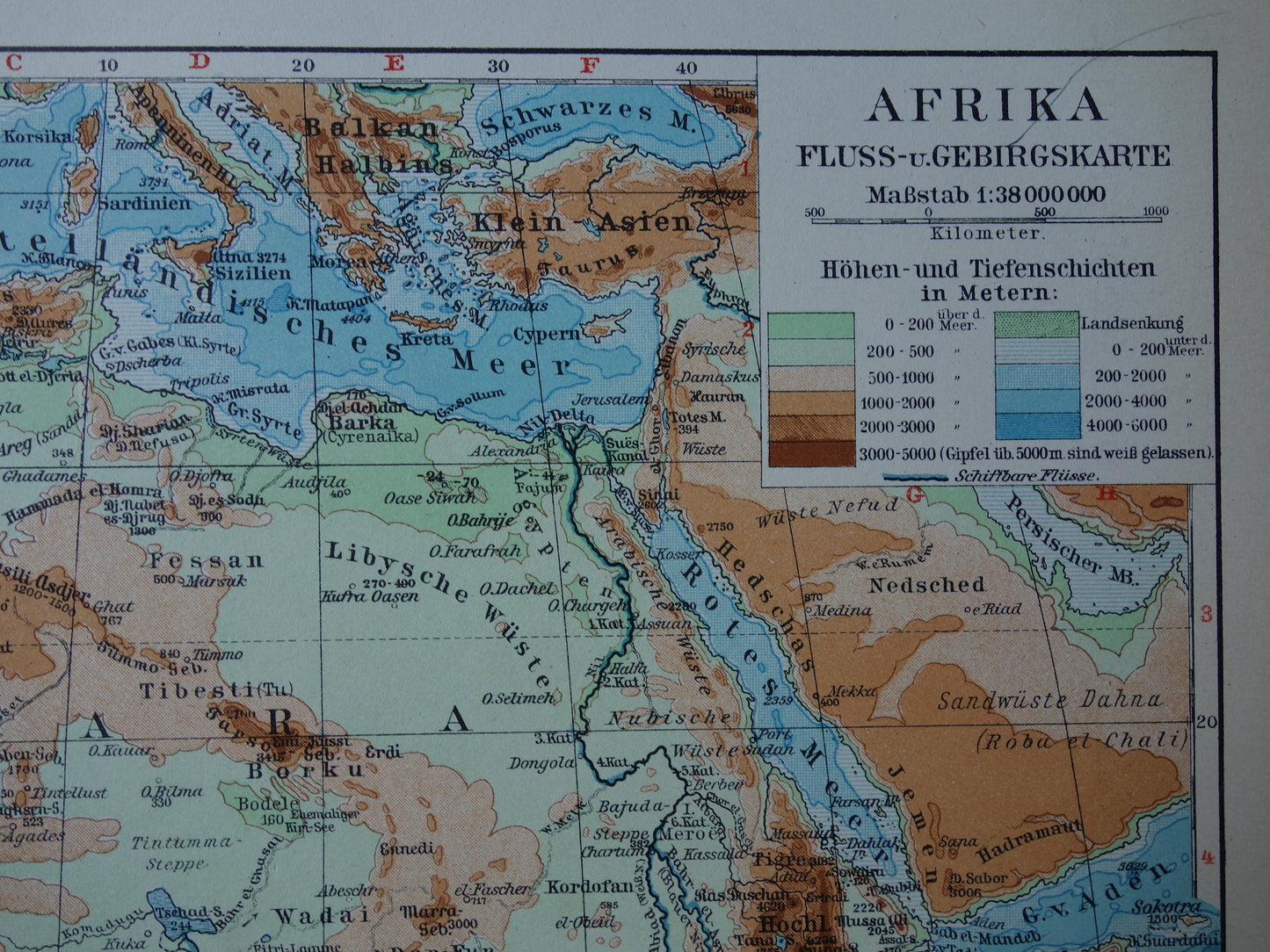 Oude hoogtekaart van Afrika uit 1931 originele vintage landkaart fysieke kaart van Afrika continent - oude Duitse kaarten