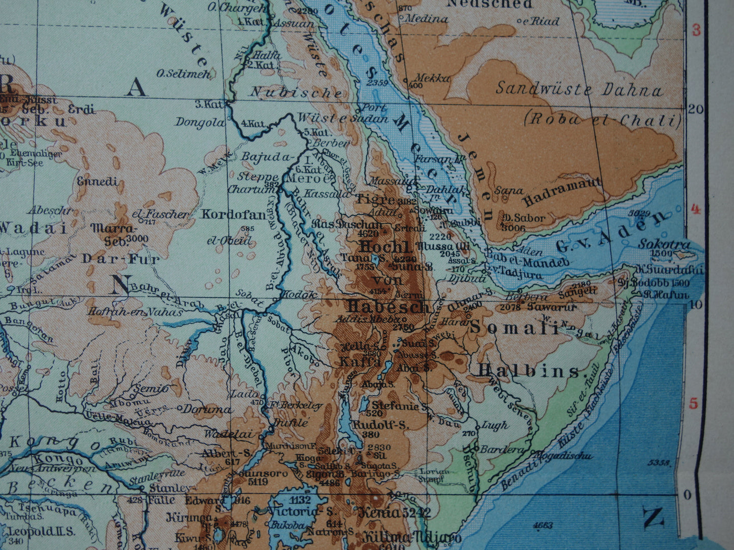 Oude hoogtekaart van Afrika uit 1931 originele vintage landkaart fysieke kaart van Afrika continent - oude Duitse kaarten