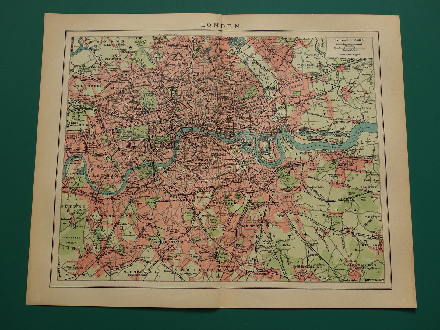 LONDEN oude kaart uit 1909 originele Nederlandse antieke landkaart van Londen en omgeving