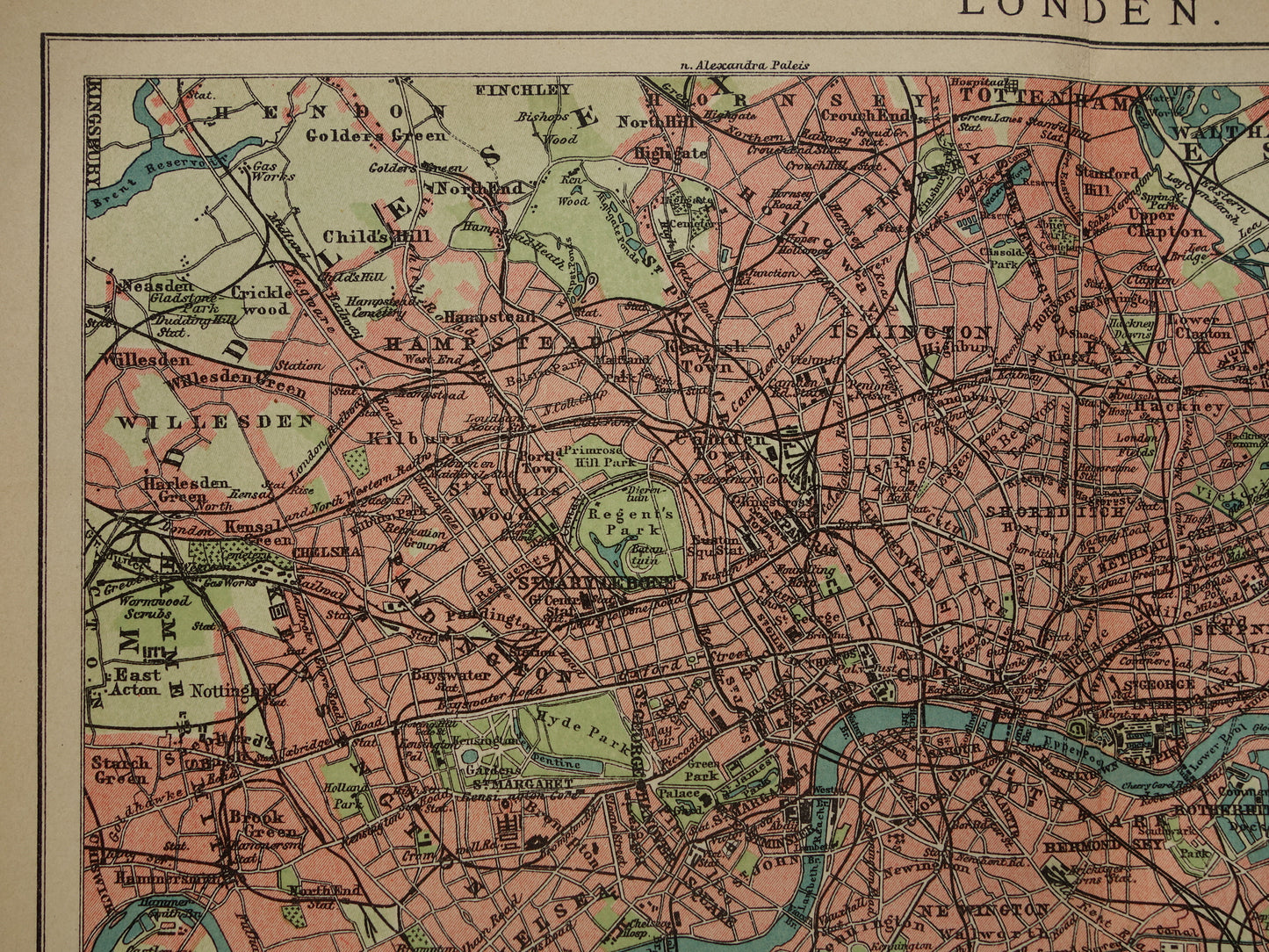 LONDEN oude kaart uit 1909 originele Nederlandse antieke landkaart van Londen en omgeving