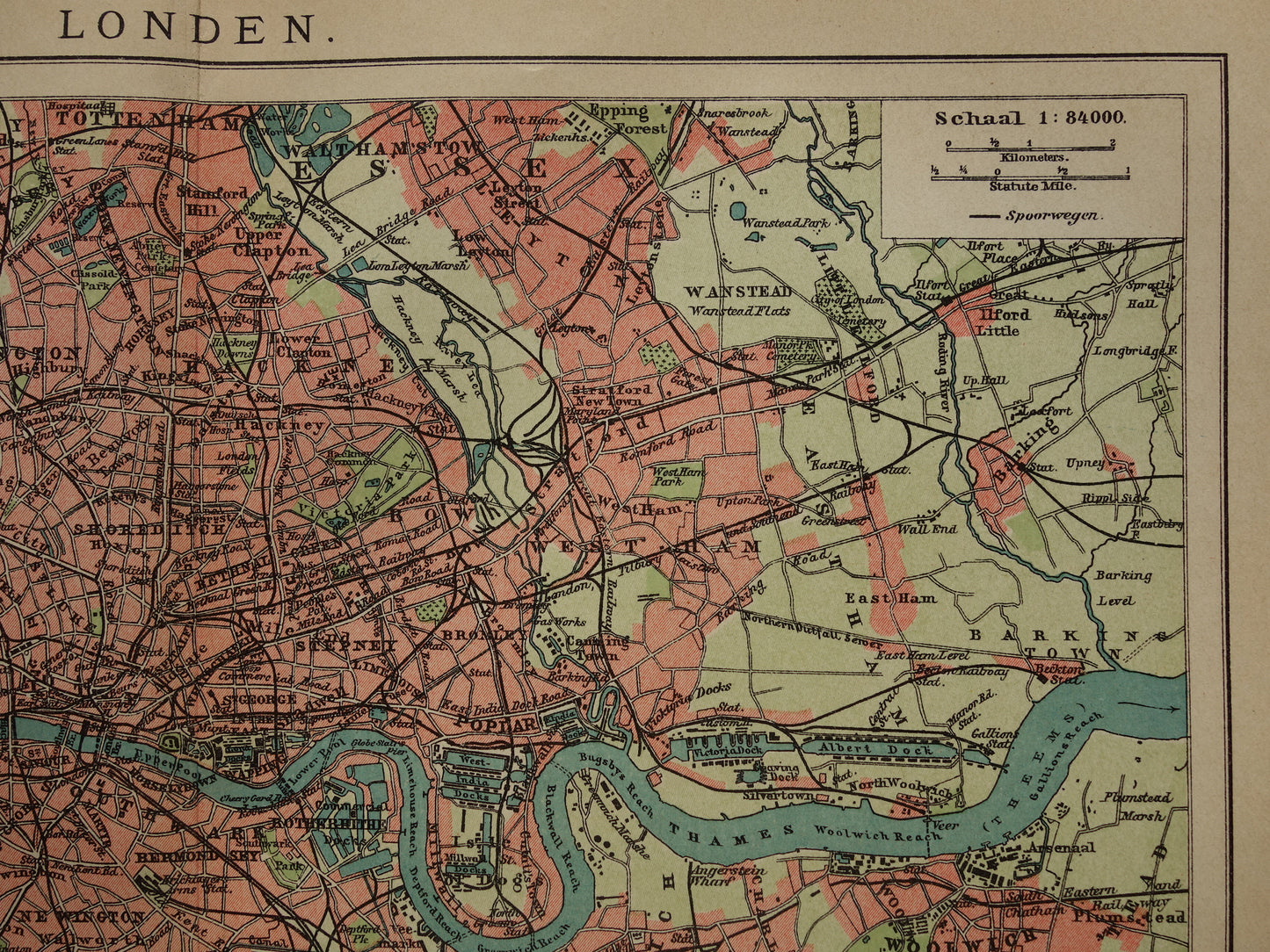 LONDEN oude kaart uit 1909 originele Nederlandse antieke landkaart van Londen en omgeving