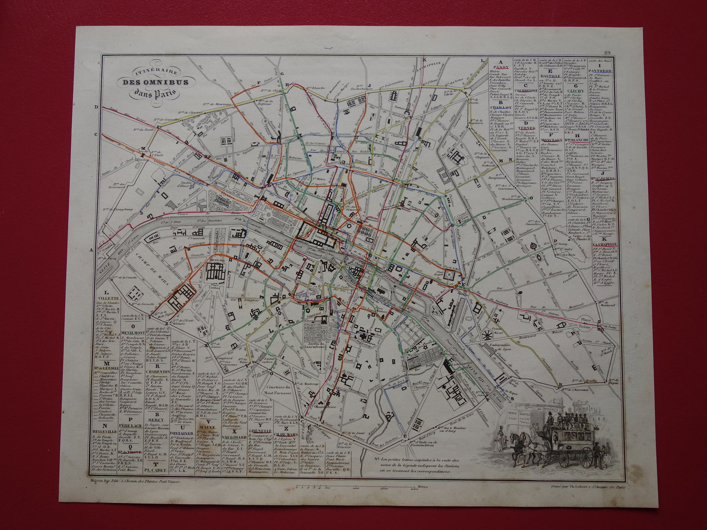 Oude kaart van Parijs met routes van de paardentram / omnibus - zeldzame antieke kaart van Parijs uit 1856 originele vintage plattegrond