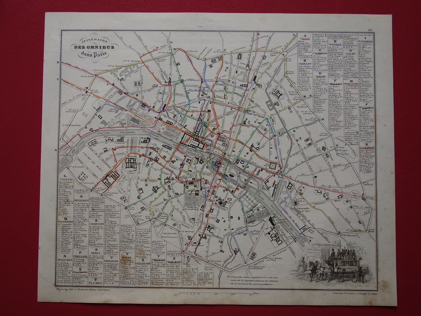 Oude kaart van Parijs met routes van de paardentram / omnibus - zeldzame antieke kaart van Parijs uit 1856 originele vintage plattegrond