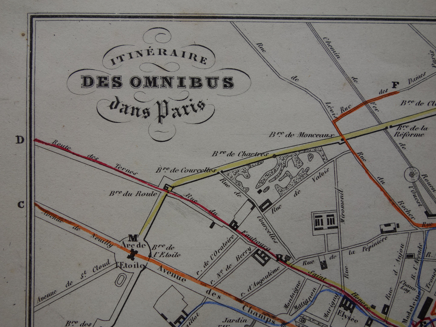 Oude kaart van Parijs met routes van de paardentram / omnibus - zeldzame antieke kaart van Parijs uit 1856 originele vintage plattegrond