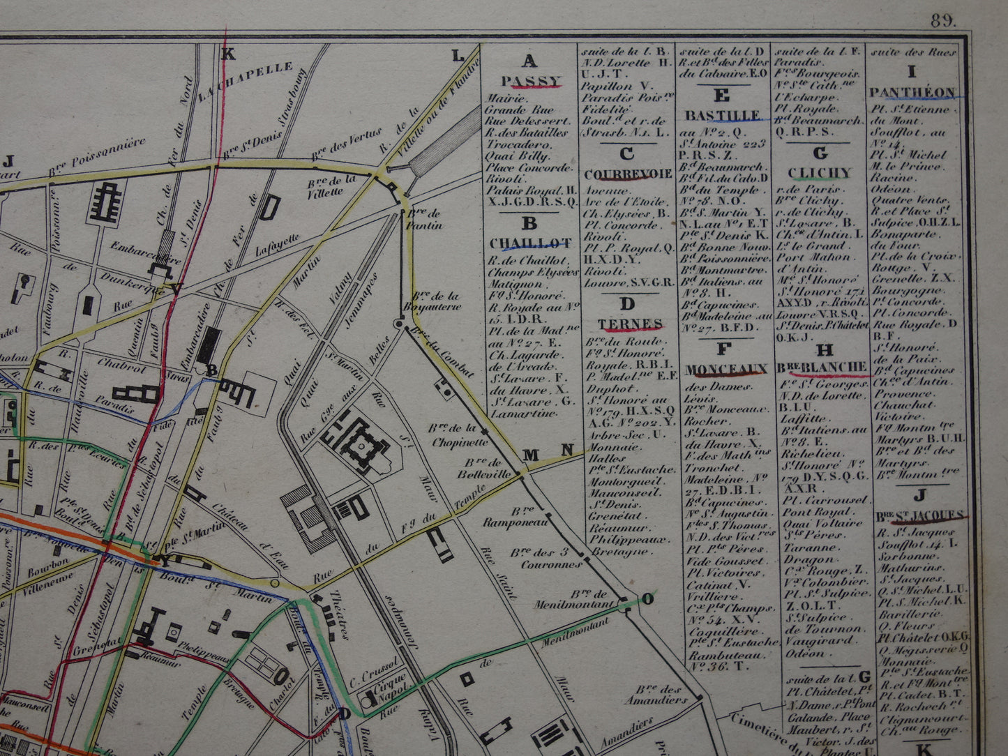 Oude kaart van Parijs met routes van de paardentram / omnibus - zeldzame antieke kaart van Parijs uit 1856 originele vintage plattegrond