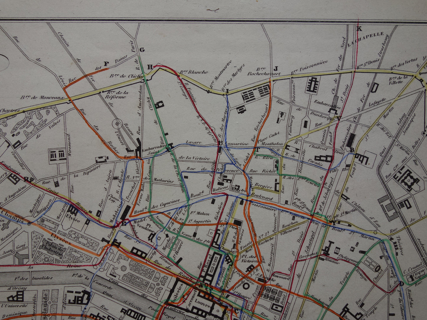 Oude kaart van Parijs met routes van de paardentram / omnibus - zeldzame antieke kaart van Parijs uit 1856 originele vintage plattegrond