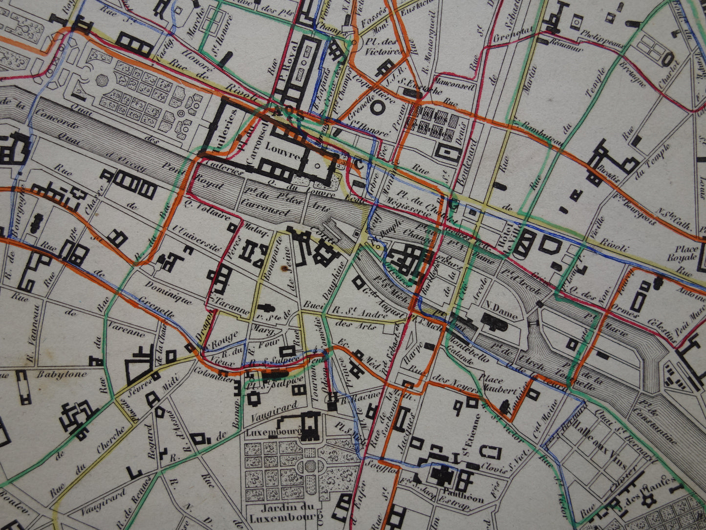 Oude kaart van Parijs met routes van de paardentram / omnibus - zeldzame antieke kaart van Parijs uit 1856 originele vintage plattegrond